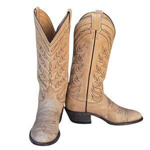 Vintage Tony Lama Cowboy Boots Womens 7 7.5 Tan Cream Leather Western AS IS